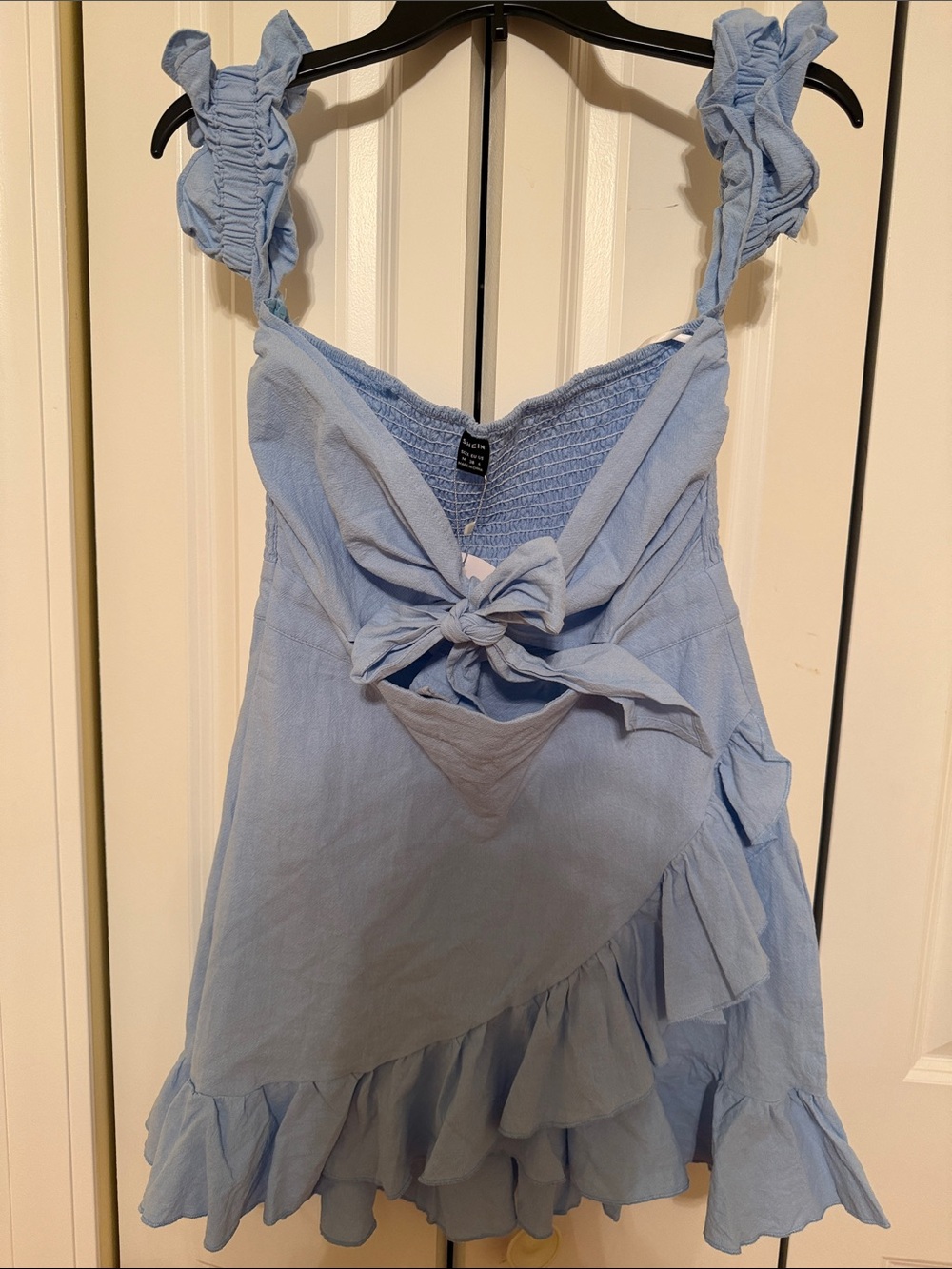 NWT SHEIN Light Blue Ruffle Hem Mini Dress Size M Smocked Bow Detail - Picture 2 of 6
